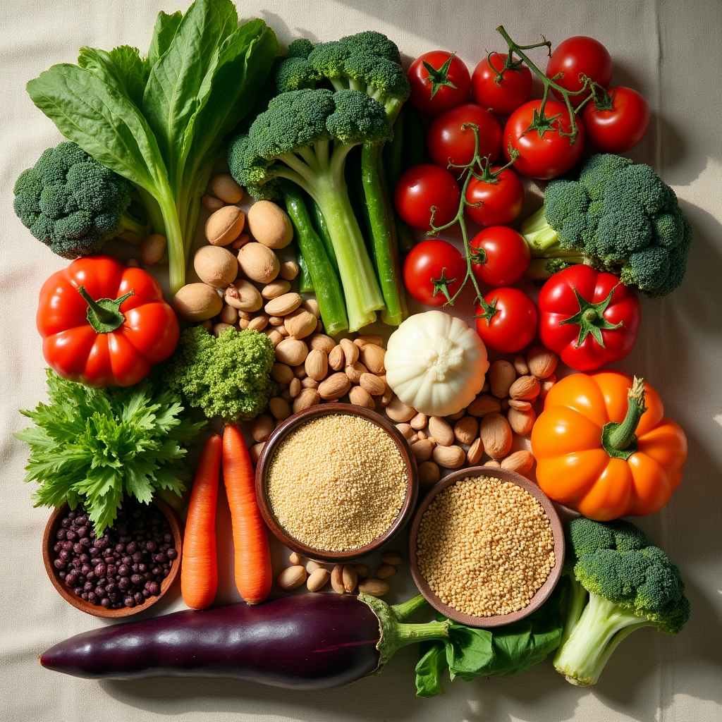 Plateau de légumes et fruits frais colorés représentant une alimentation variée et équilibrée