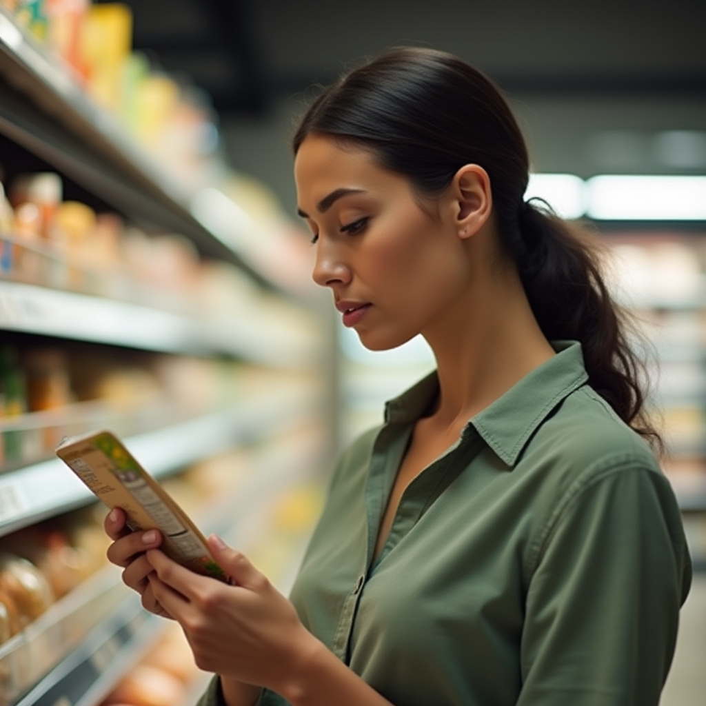 Personne lisant attentivement l'étiquette nutritionnelle d'un produit alimentaire en supermarché