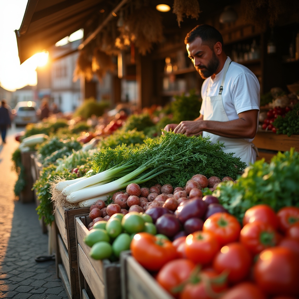 Étal de marché avec légumes et fruits frais disposés avec soin, lumière naturelle matinale
