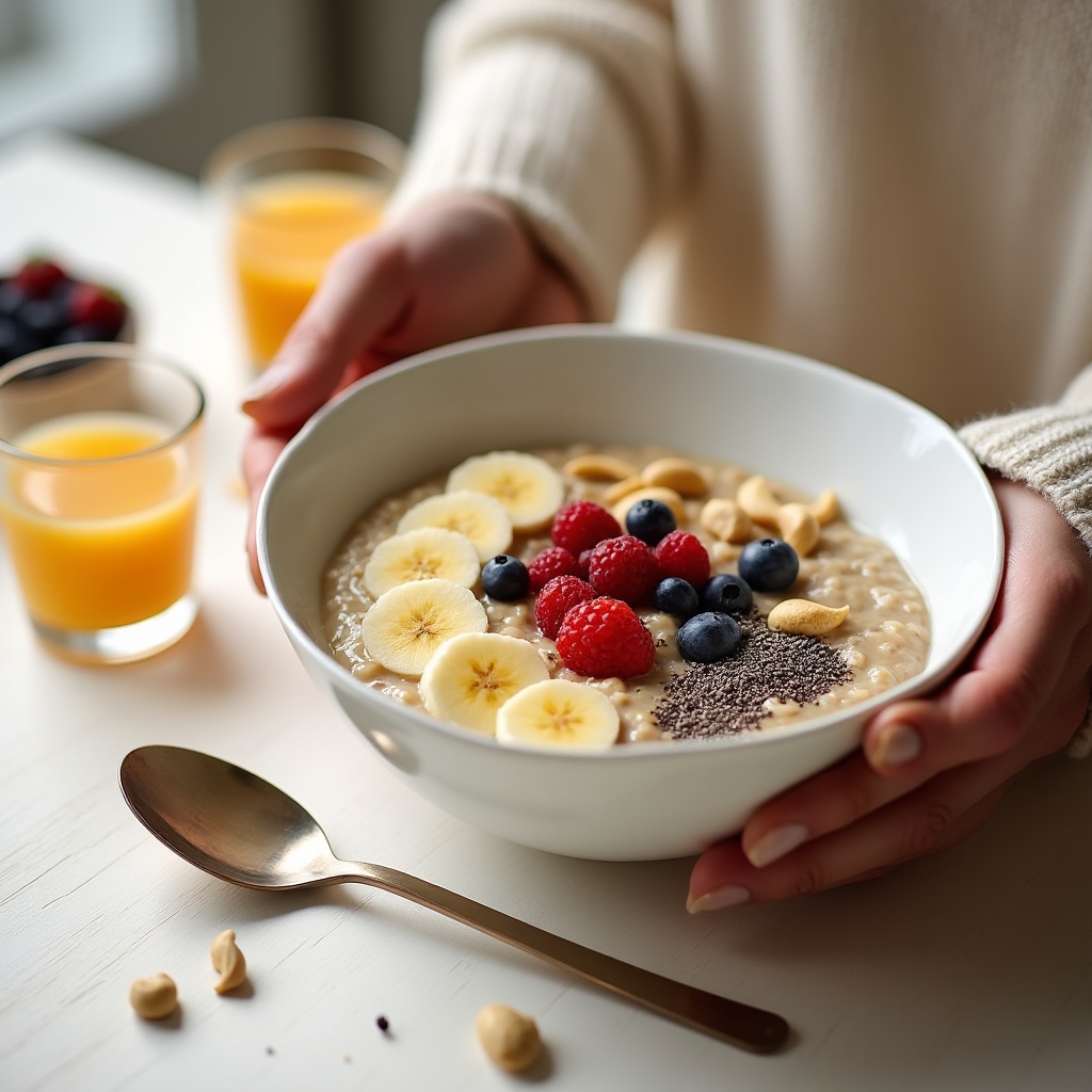 Petit-déjeuner équilibré avec flocons d'avoine, fruits frais, noix et yaourt dans une lumière matinale douce