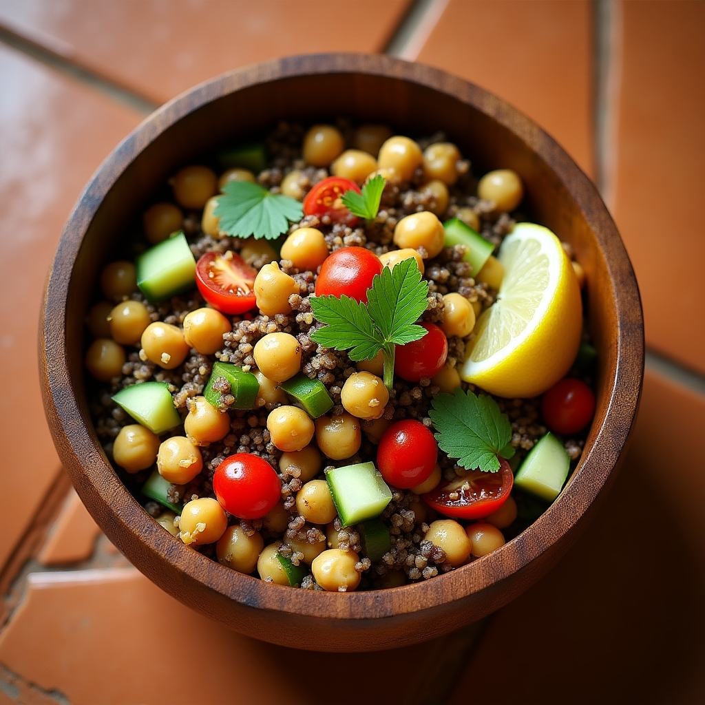 Salade composée de légumineuses colorées, pois chiches, lentilles et légumes croquants dans un bol en bois