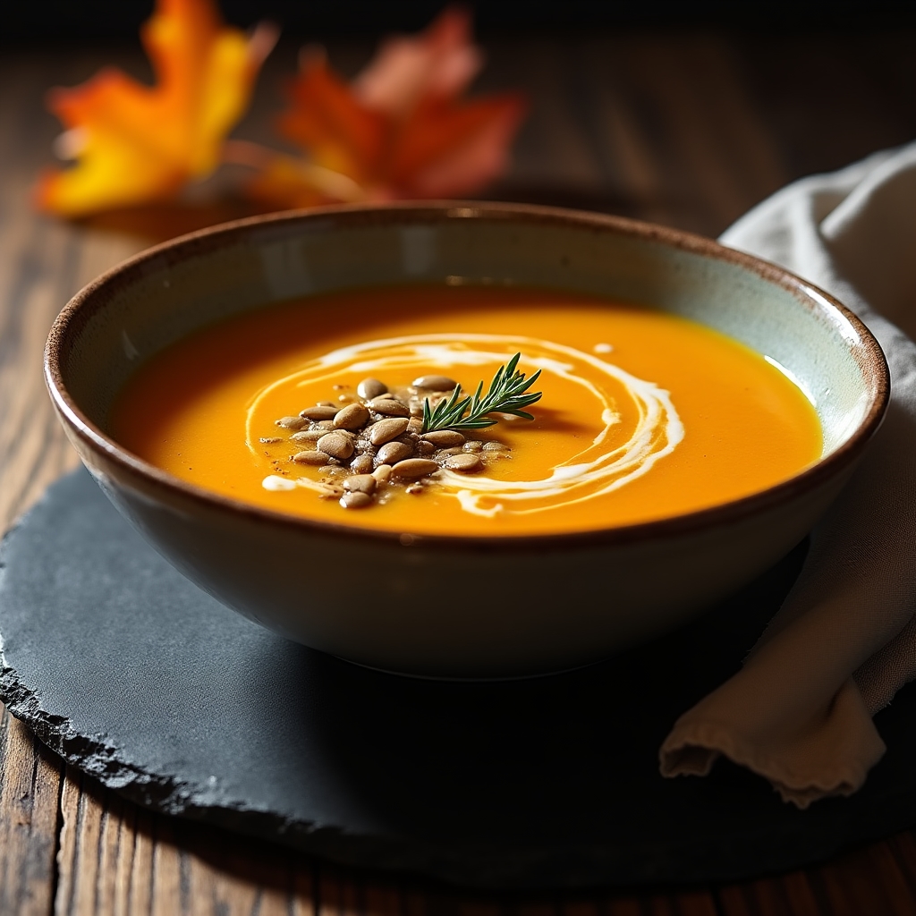 Bol de soupe épaisse aux légumes d'automne, butternut et carottes, vapeur légère et couleurs chaudes